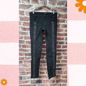 Black Crystal Lace Up Skinny Jeans – Women’s Size 11 Black Criss Cross Denim
